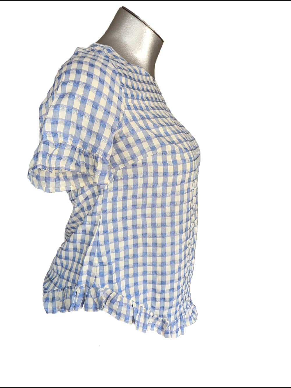 BloomChic Blue and White Gingham Ruffle-Hem Blouse